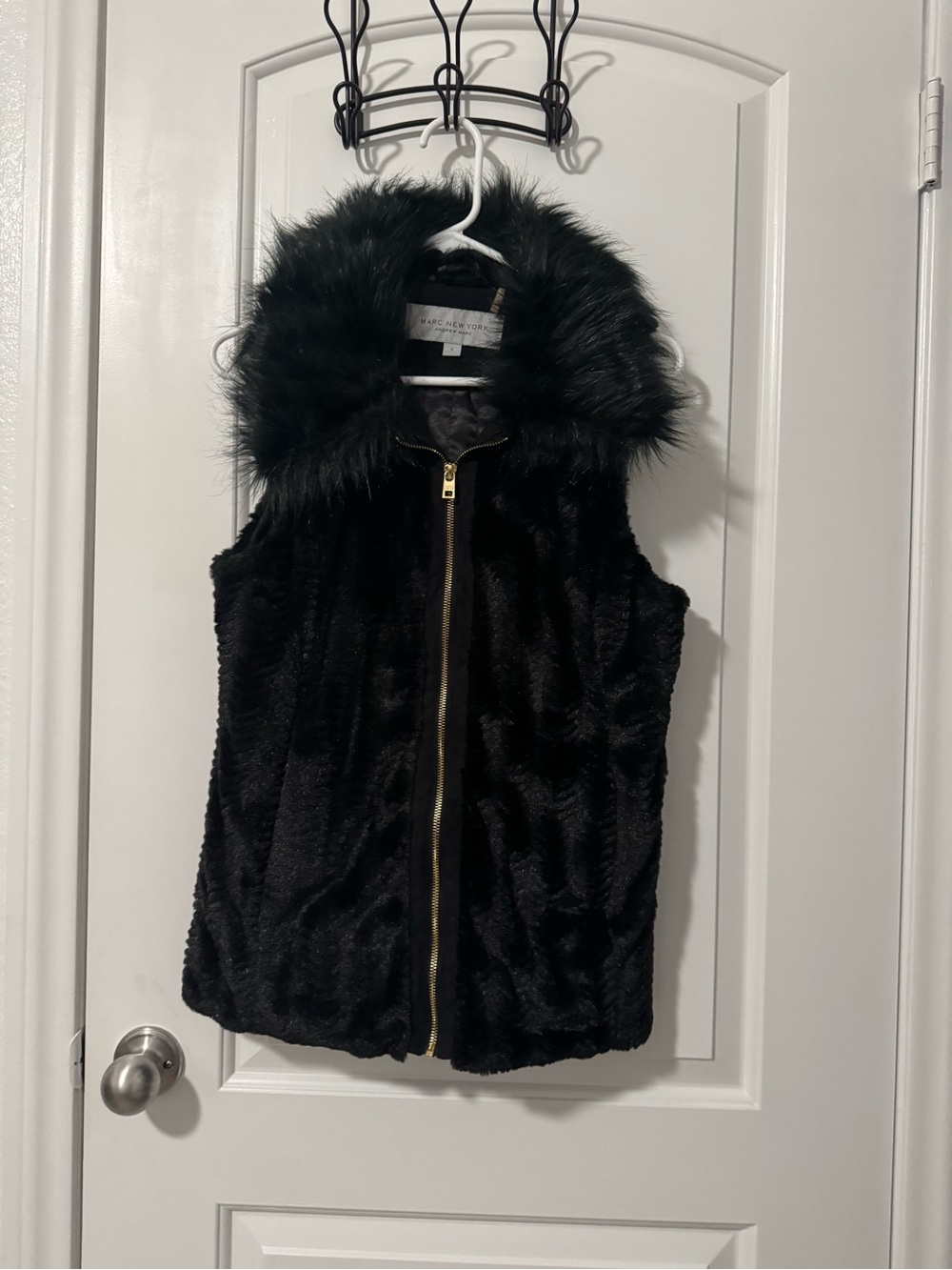 Marc New York Black Faux Fur Hooded Vest with Gold Zip